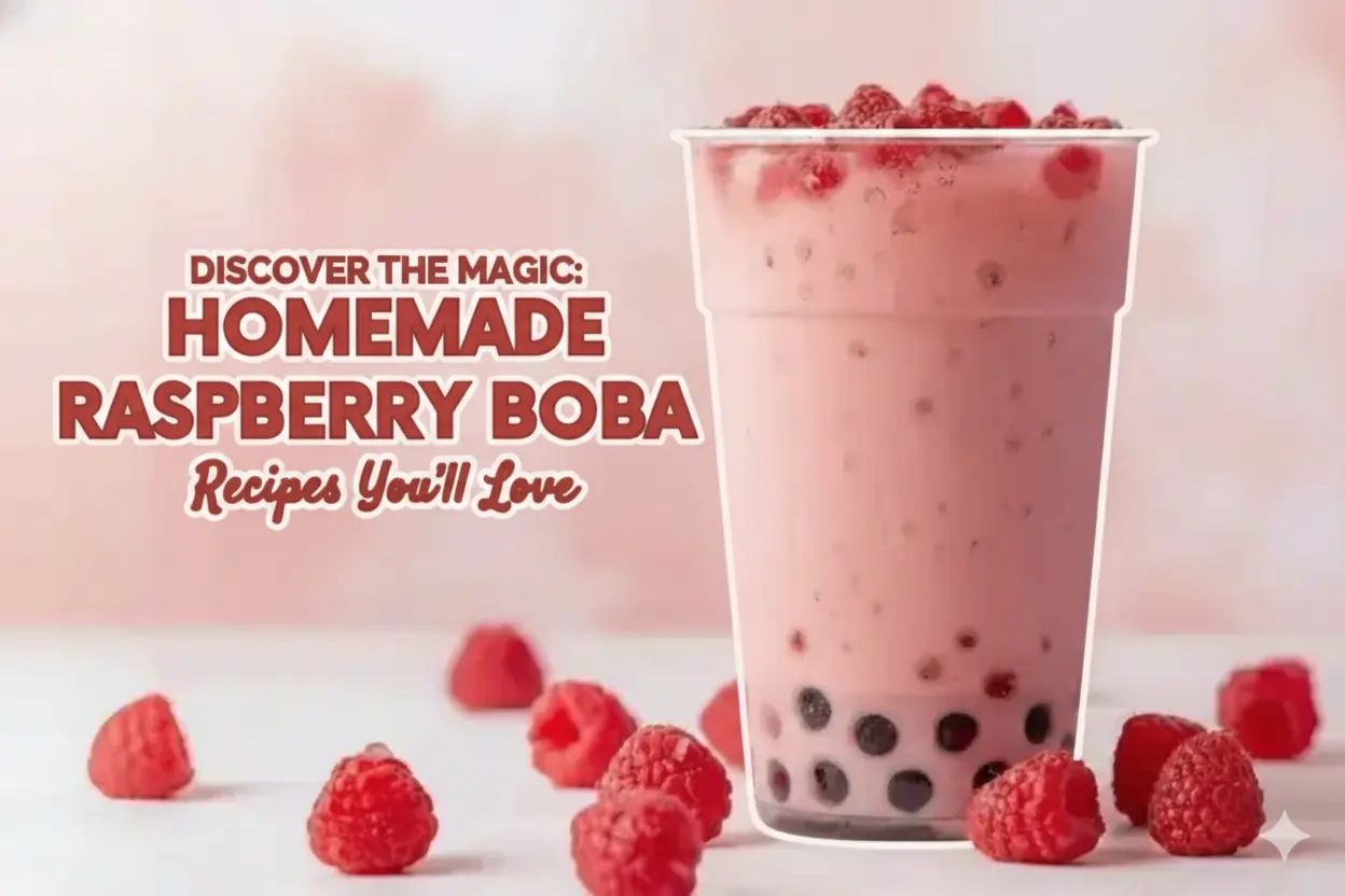 Homemade raspberry boba milk tea in a clear plastic cup with black tapioca pearls, topped with fresh raspberries and surrounded by loose raspberries on a pink background.